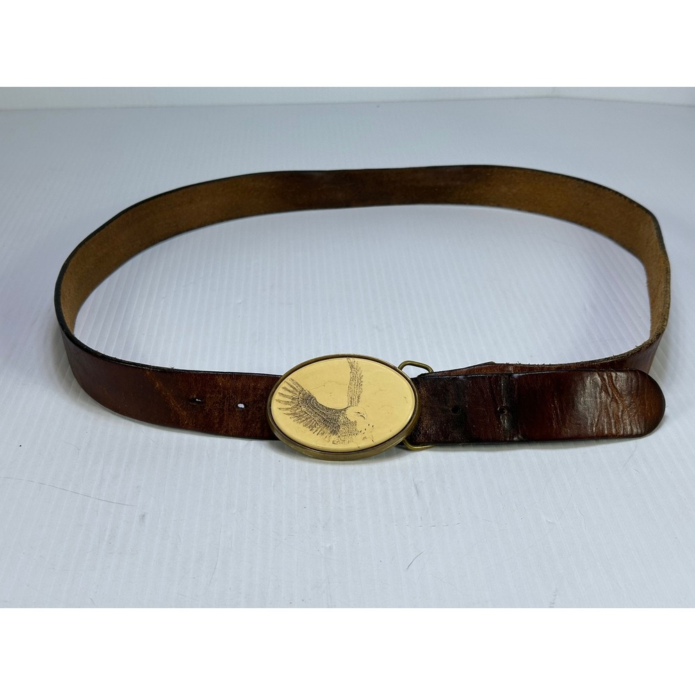 Vintage 1983 Barlow Solid Brass Eagle Scrimshaw Belt Buckle Brown Leather Mens